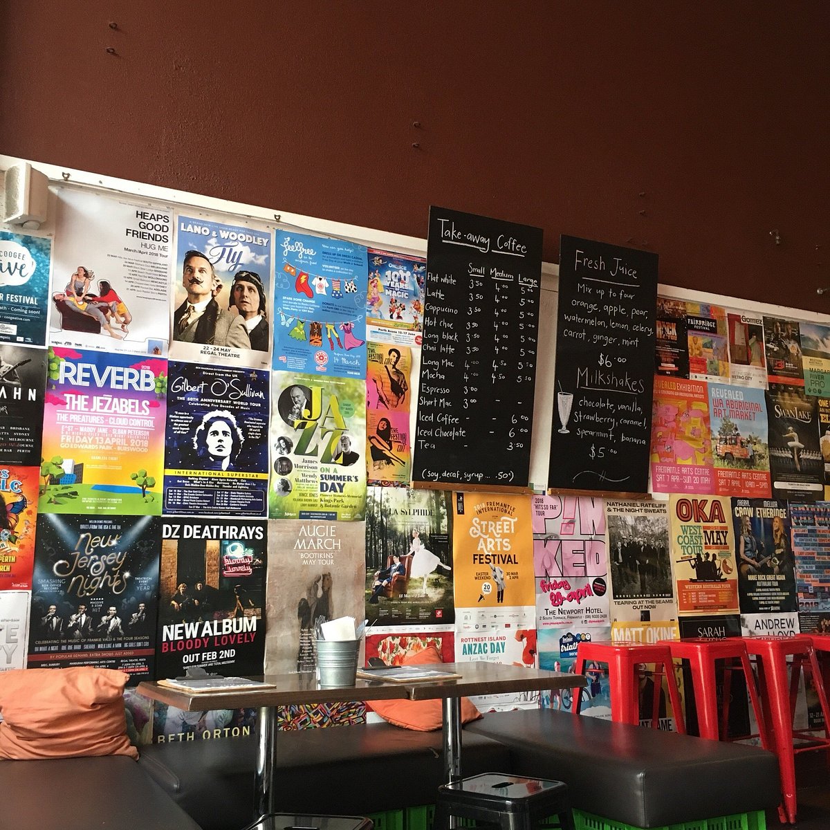 Breaks Fremantle interior with a wall of gig posters and the take away coffee blackboard